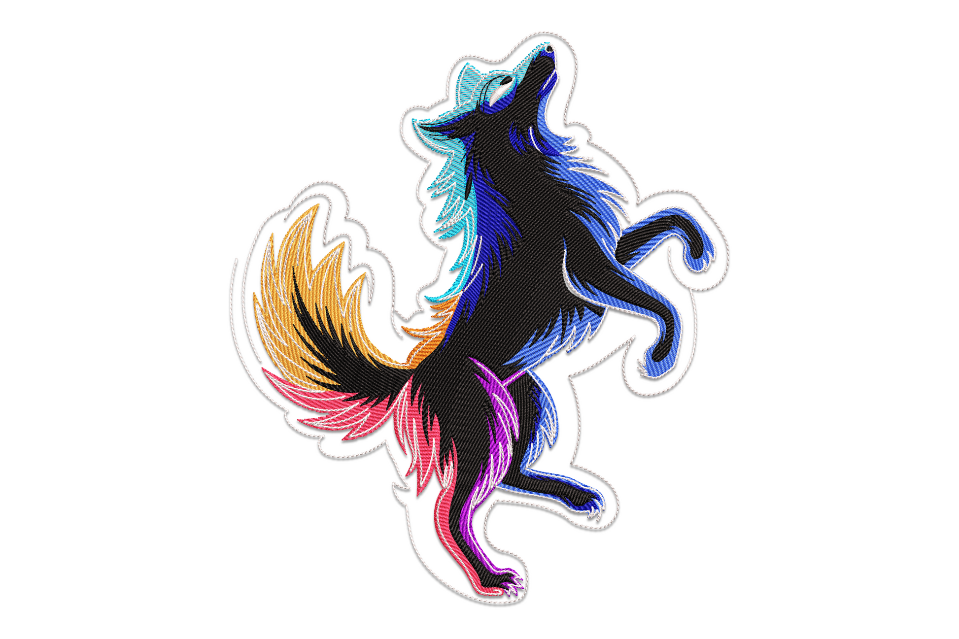 Colorful wolf embroidery, rearing howling wolf with multicolor anime-style splash, 9-color machine embroidery on white