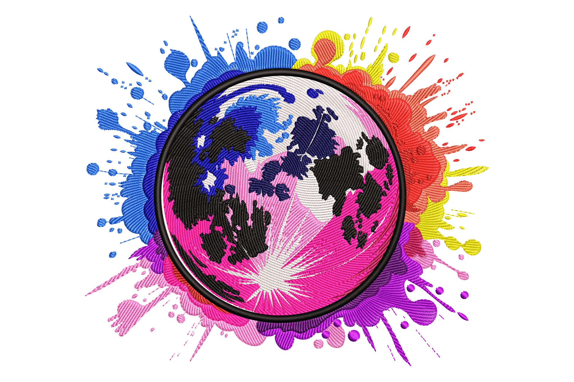 Colorful world map with watercolor-style continent fills in teal, cobalt, coral and gold, machine embroidery design