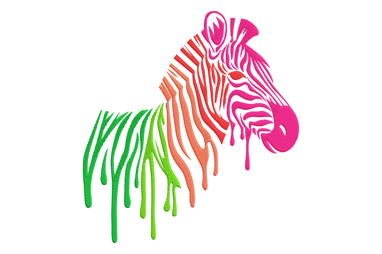 Colorful zebra drip machine embroidery design in black white magenta teal and coral, zebra portrait with vivid dripping paint streaks in pop-art street art graffiti style