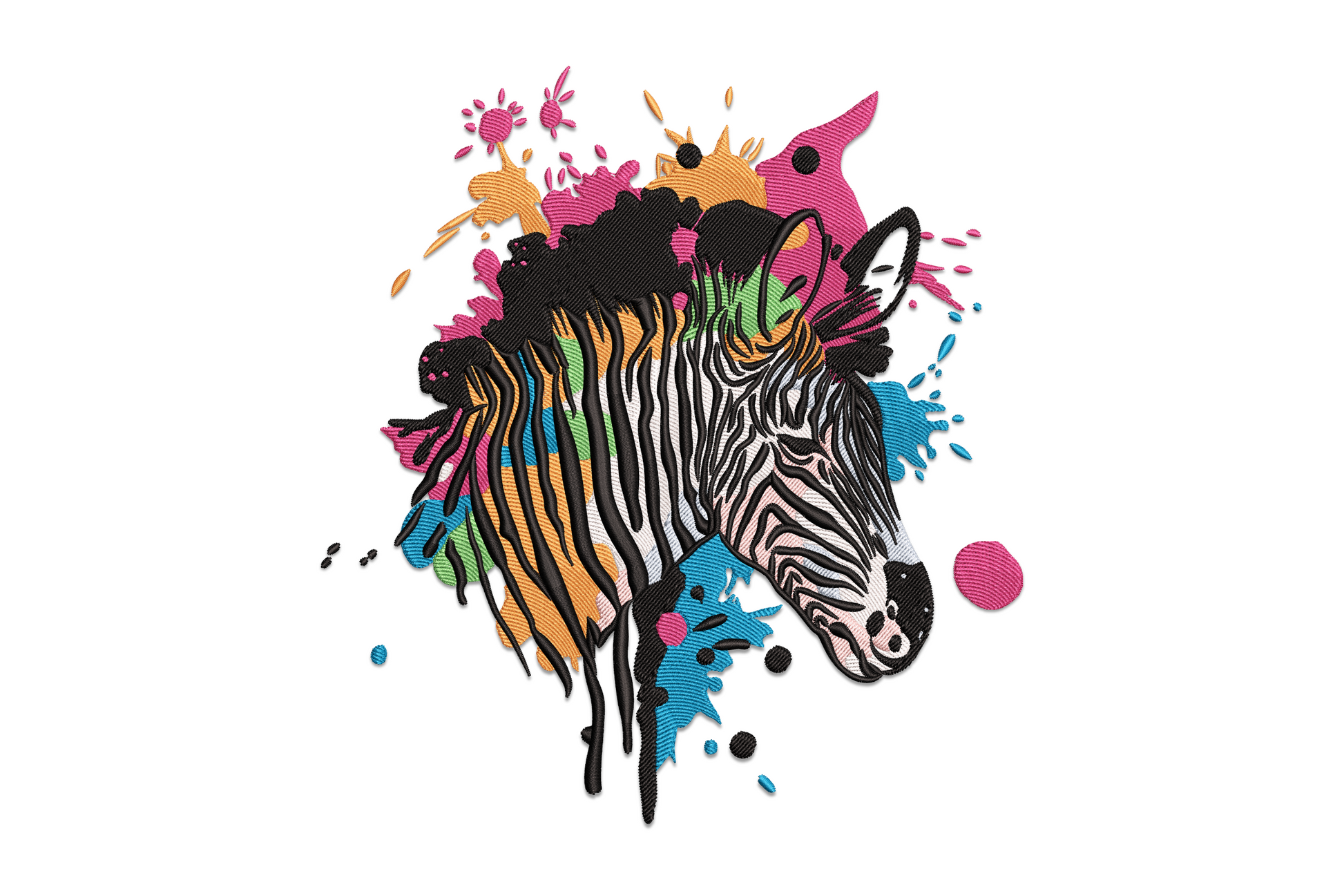 Colorful zebra head embroidery design with black and white stripes, rainbow-coloured mane and surrounding paint splatter shapes in pink, teal and orange.