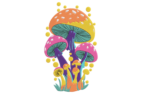 Machine embroidery design of a cartoon mushroom with scarlet domed cap, cream polka dot spots and butter yellow stem, 8 colours, woodland storybook style