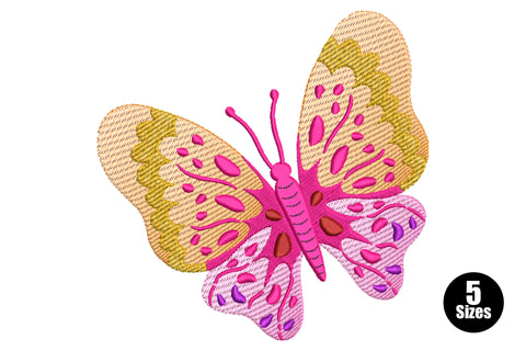Colorful pink and gold butterfly embroidery with orange-gold wings, magenta spots, pale pink lower wings and purple oval accents.