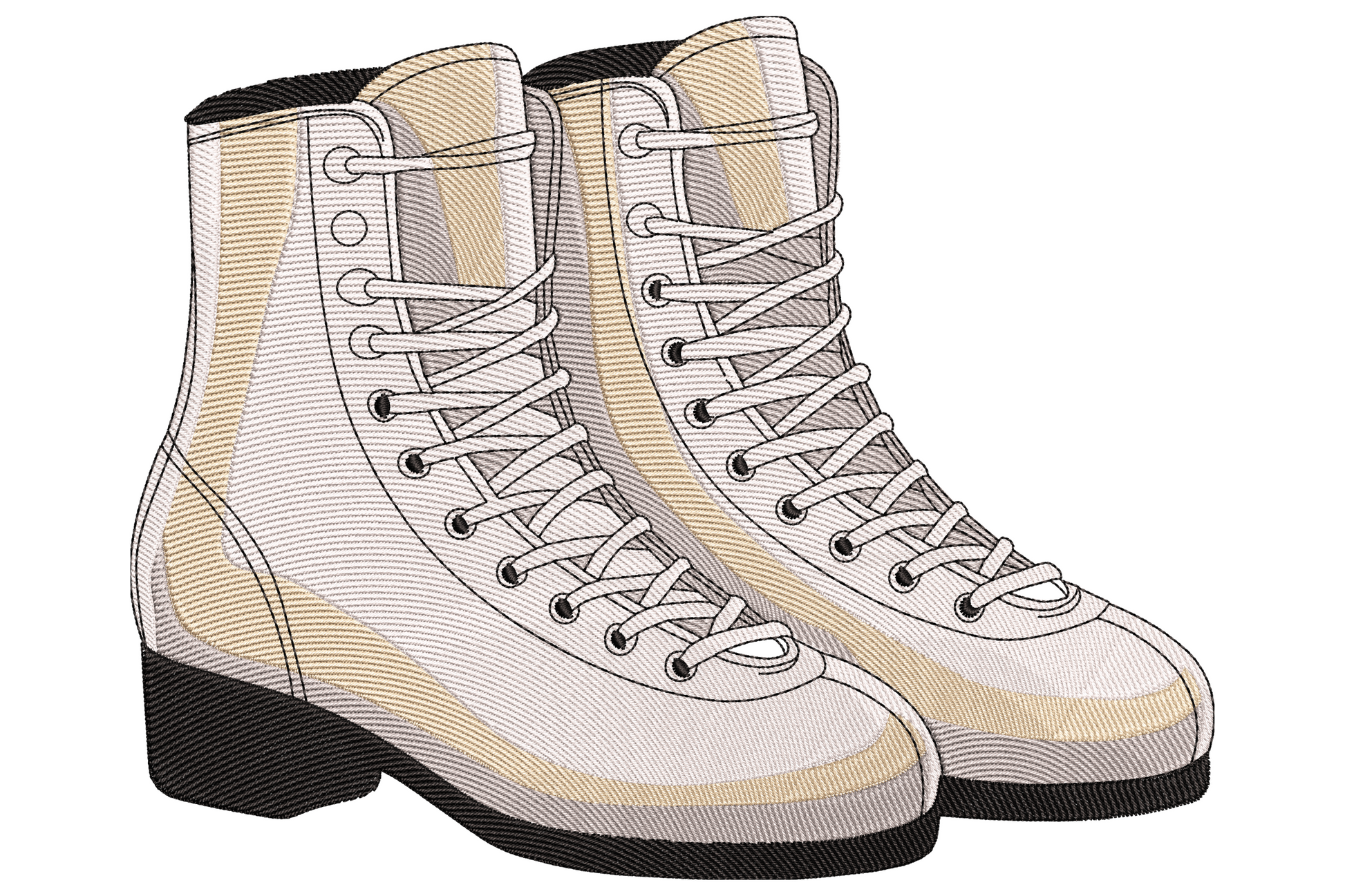 Combat boots embroidery pair, matte black with charcoal shadow, white lace detail and dark brown sole, chunky eyelet boots.