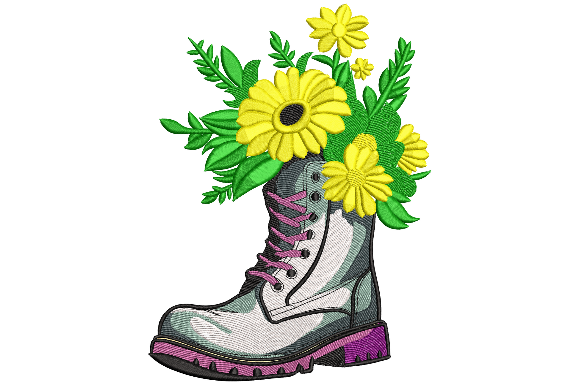 Pale grey combat boot embroidery with pink magenta laces and a bouquet of yellow daisies and green leaves on top.