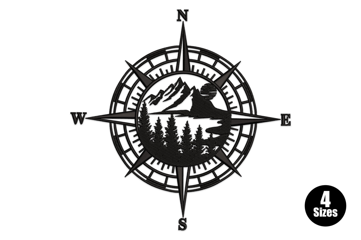 Compass mountain adventure embroidery design, compass rose with pine trees and mountain peaks, single black thread