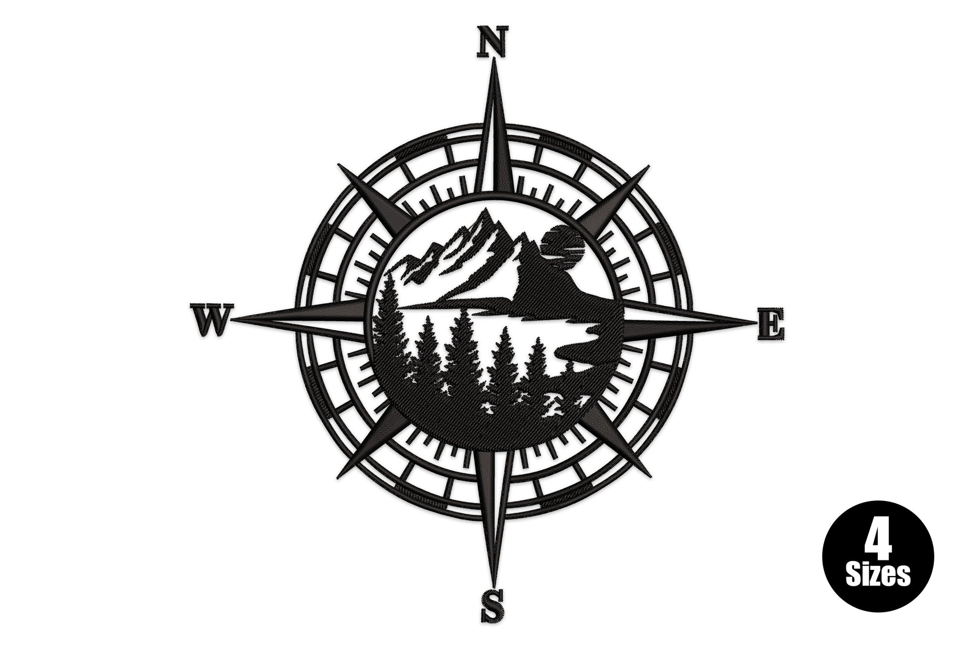Compass mountain adventure embroidery design, compass rose with pine trees and mountain peaks, single black thread