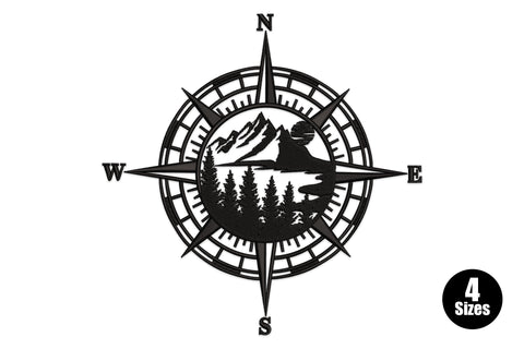 Compass mountain adventure embroidery design, compass rose with pine trees and mountain peaks, single black thread