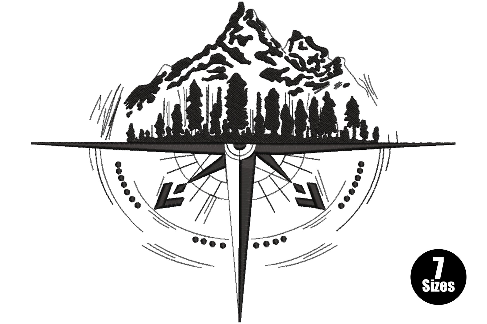 Machine embroidery design of a compass rose with mountain and pine forest, single black colour, 7 sizes 3 to 7.5 inch