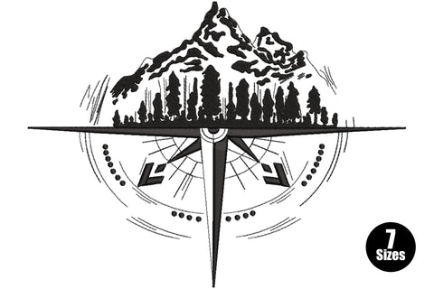 Machine embroidery design of a compass rose with mountain and pine forest, single black colour, 7 sizes 3 to 7.5 inch