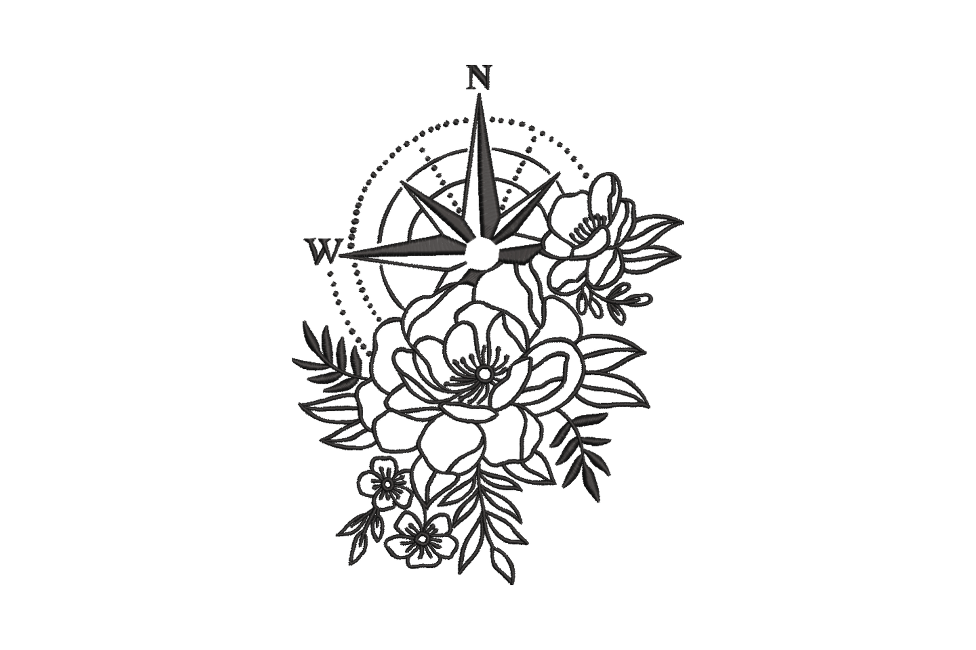 Compass rose with flowers line art embroidery design, black outline tattoo style with cascading peonies roses and leaves, 4 sizes from 5 to 8 inches
