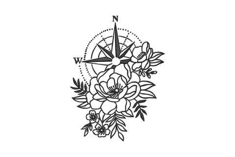 Compass rose with flowers line art embroidery design, black outline tattoo style with cascading peonies roses and leaves, 4 sizes from 5 to 8 inches