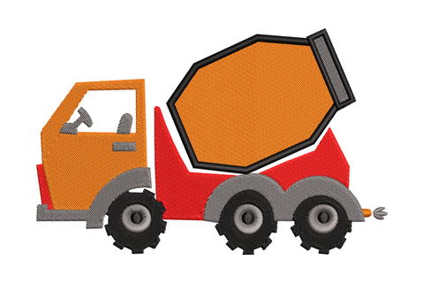 Concrete mixer truck embroidery design in red orange yellow and grey, bold cartoon side profile with chunky wheels and rotating drum, 5 sizes from 3 to 7 inches