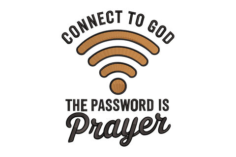 Logo with wifi symbol and text 'Connect to God, The Password is Prayer' on a white background