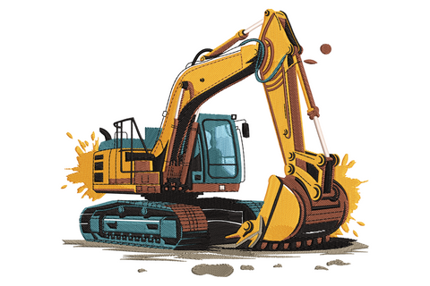 Construction excavator embroidery design in amber yellow and teal, raised boom arm with dirt flying, comic-book cross-hatch style, 9 sizes.