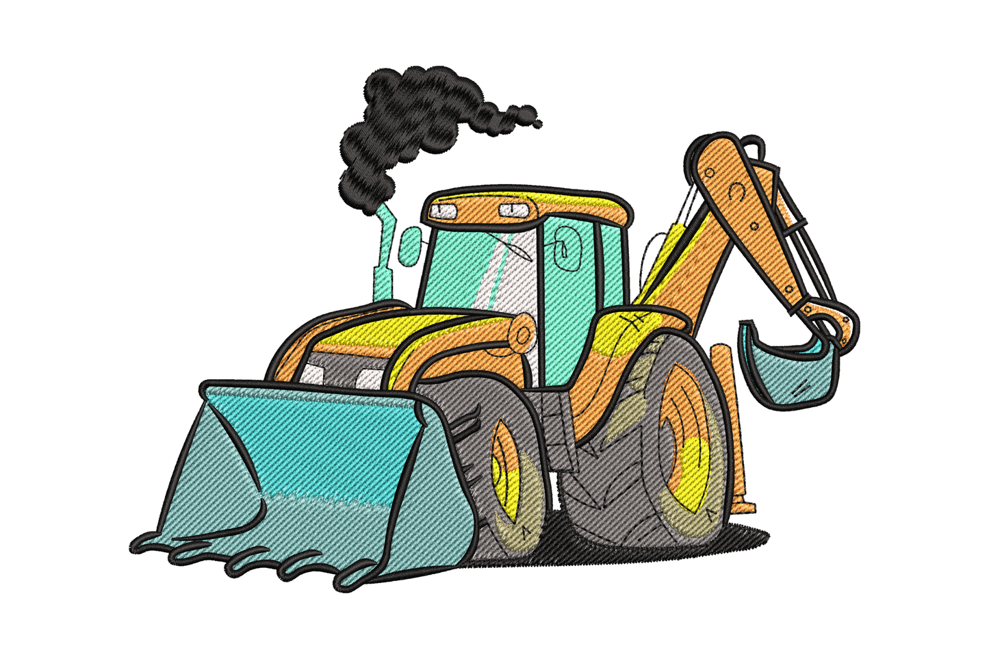 Construction loader backhoe embroidery design in 9 colors including teal orange aqua and black, detailed illustrative style, 3 sizes with stitch count up to 32168