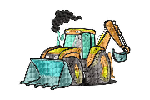 Construction loader backhoe embroidery design in 9 colors including teal orange aqua and black, detailed illustrative style, 3 sizes with stitch count up to 32168