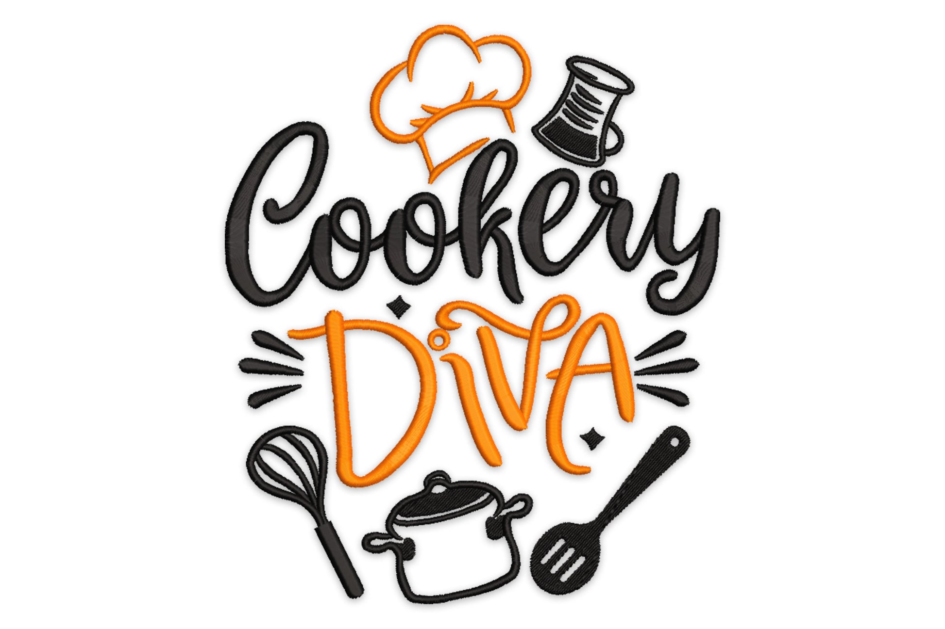 Cookery Diva embroidery design with black brush script and bold orange lettering surrounded by chef hat, whisk, pot and spatula.