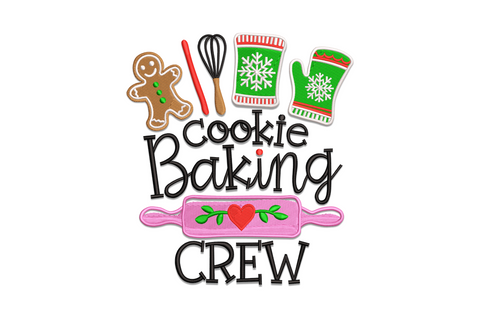 Christmas cookie baking crew embroidery design featuring rolling pin, mixing bowl, cookie cutters and star cookies in red, green and golden yellow.