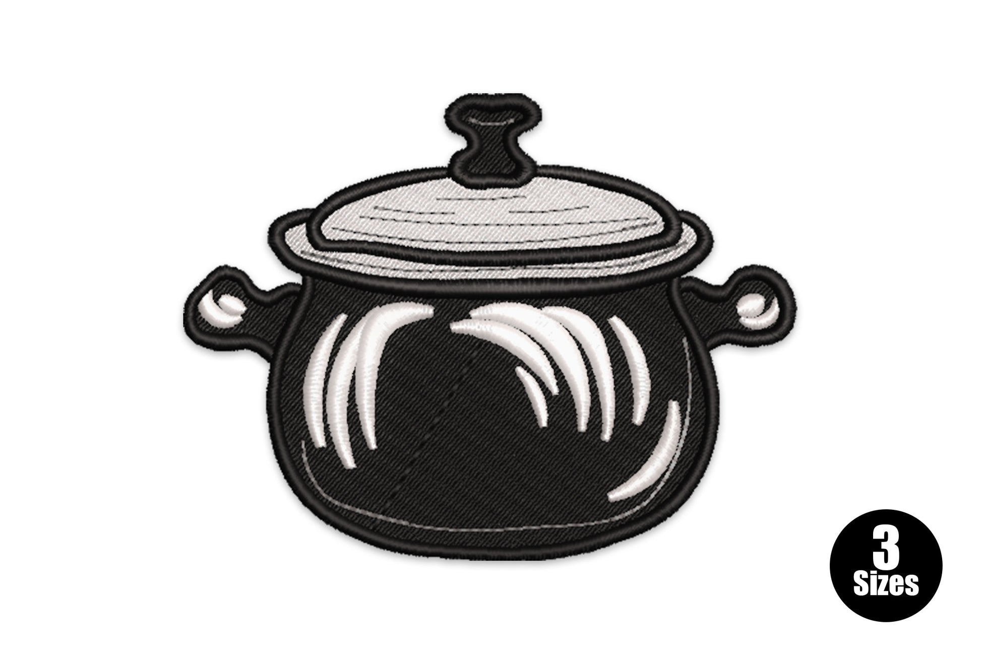 Cooking pot embroidery design, round black Dutch oven with grey lid, white highlight swirls and two ear handles.