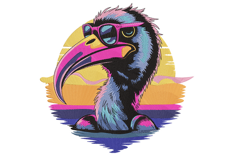 Cool bird wearing hot pink sunglasses with a vaporwave sunset gradient behind in mustard, pink and electric blue.