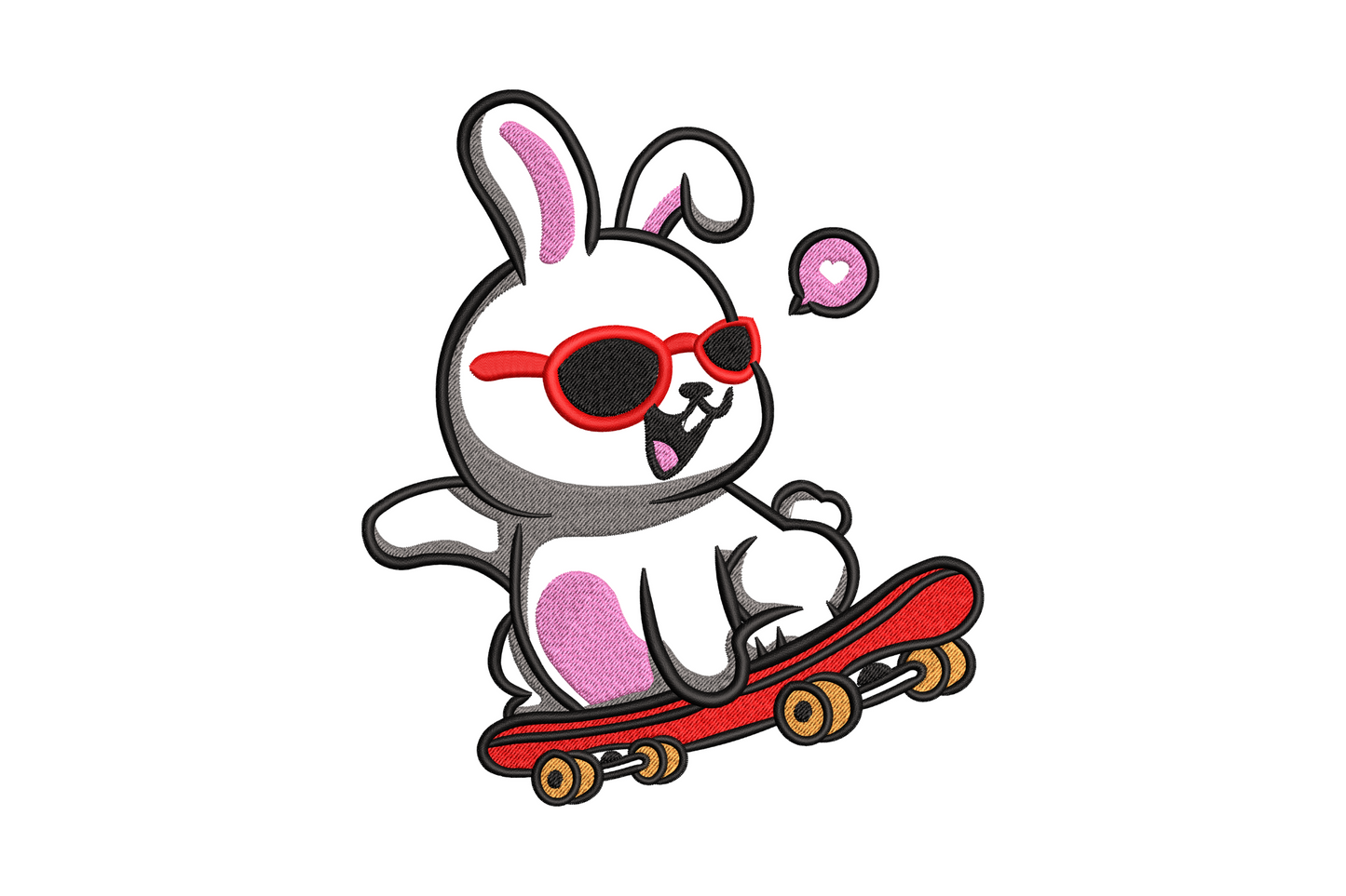 Cool bunny on skateboard embroidery design with chocolate brown fur, round shades, and neon orange board.