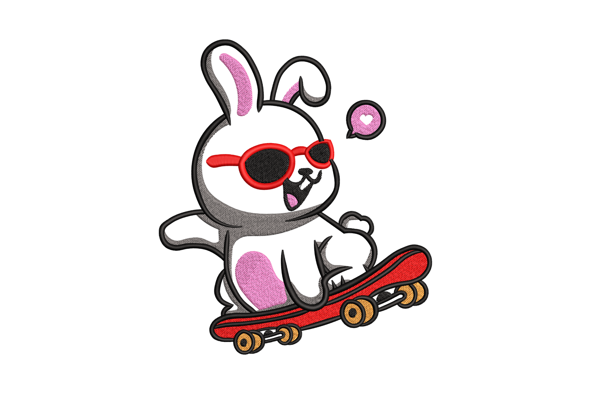 Cool bunny on skateboard embroidery design with chocolate brown fur, round shades, and neon orange board.
