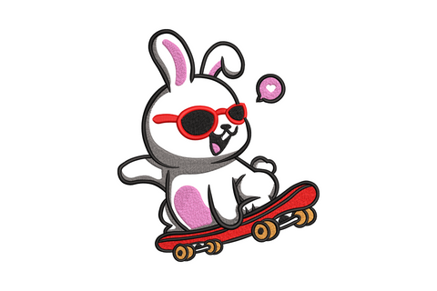 Cool bunny on skateboard embroidery design with chocolate brown fur, round shades, and neon orange board.