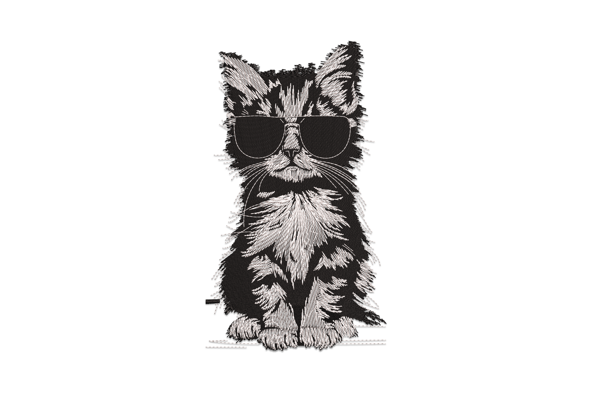Fluffy cat sitting upright wearing oversized black sunglasses, drawn in dense thread hatching sketch style with directional stitching for fur