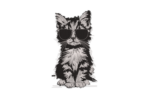 Fluffy cat sitting upright wearing oversized black sunglasses, drawn in dense thread hatching sketch style with directional stitching for fur