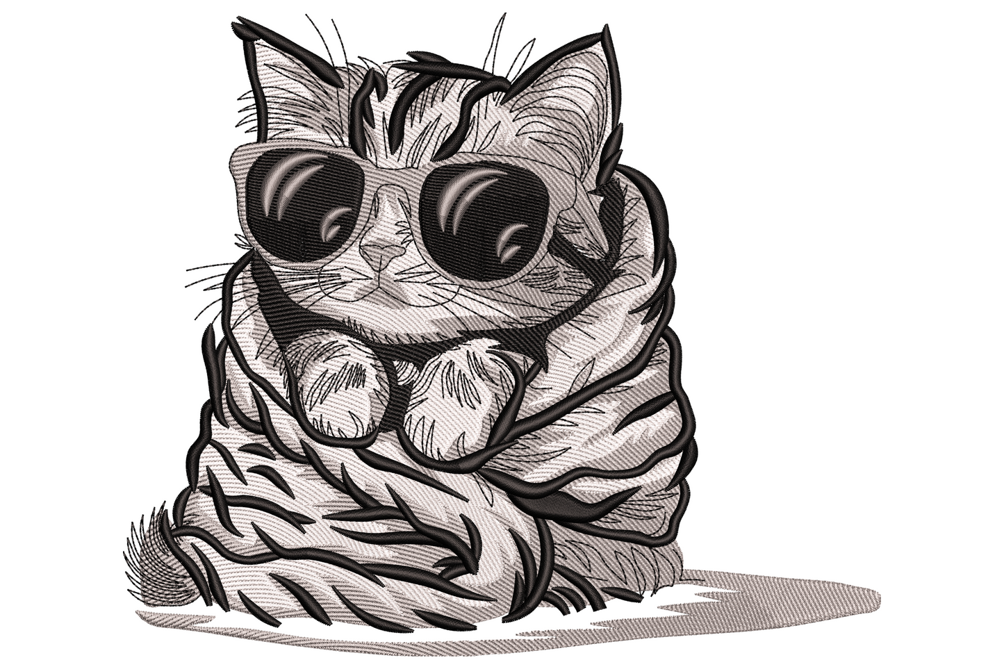 Cool cat in sunglasses embroidery with a fluffy tabby in aviator shades, in black, white and grey line art.