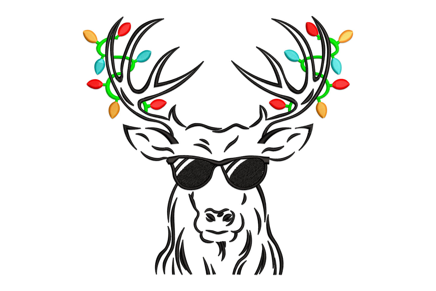 Cool christmas deer embroidery design with stag head in round black sunglasses and antlers decorated with orange red green and aqua christmas lights.