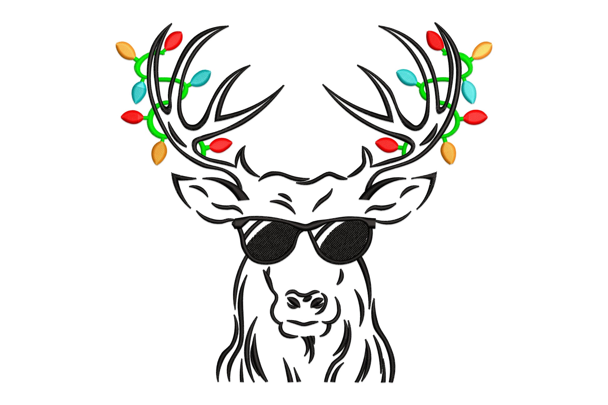 Cool christmas deer embroidery design with stag head in round black sunglasses and antlers decorated with orange red green and aqua christmas lights.
