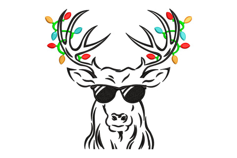Cool christmas deer embroidery design with stag head in round black sunglasses and antlers decorated with orange red green and aqua christmas lights.