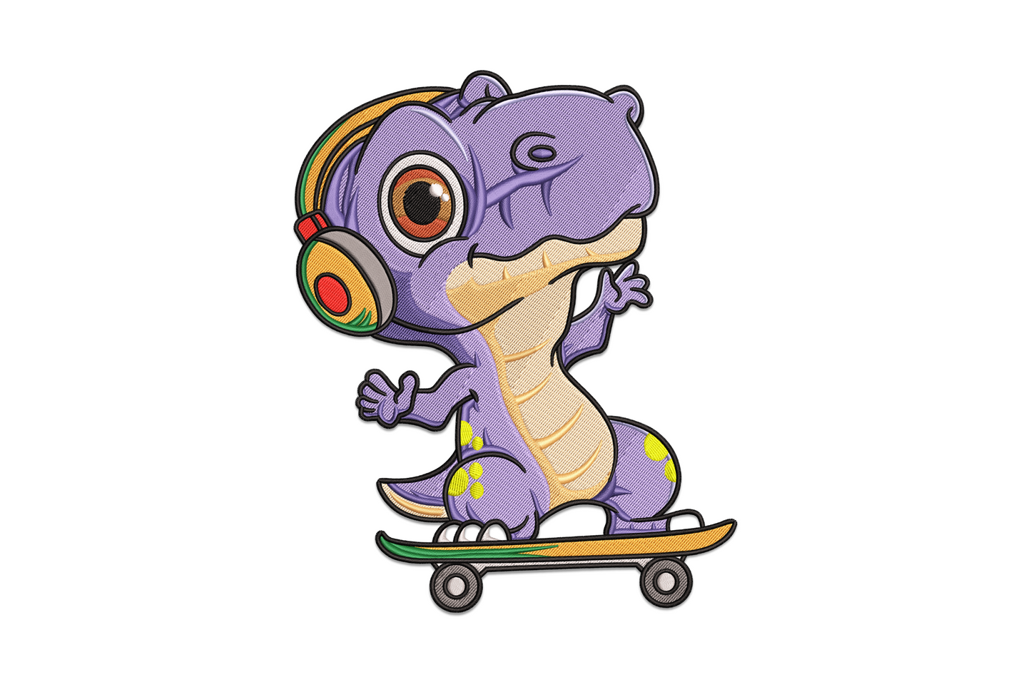 Cool dinosaur on a skateboard embroidery design, cartoon dino with 15 colours in bold kids character style