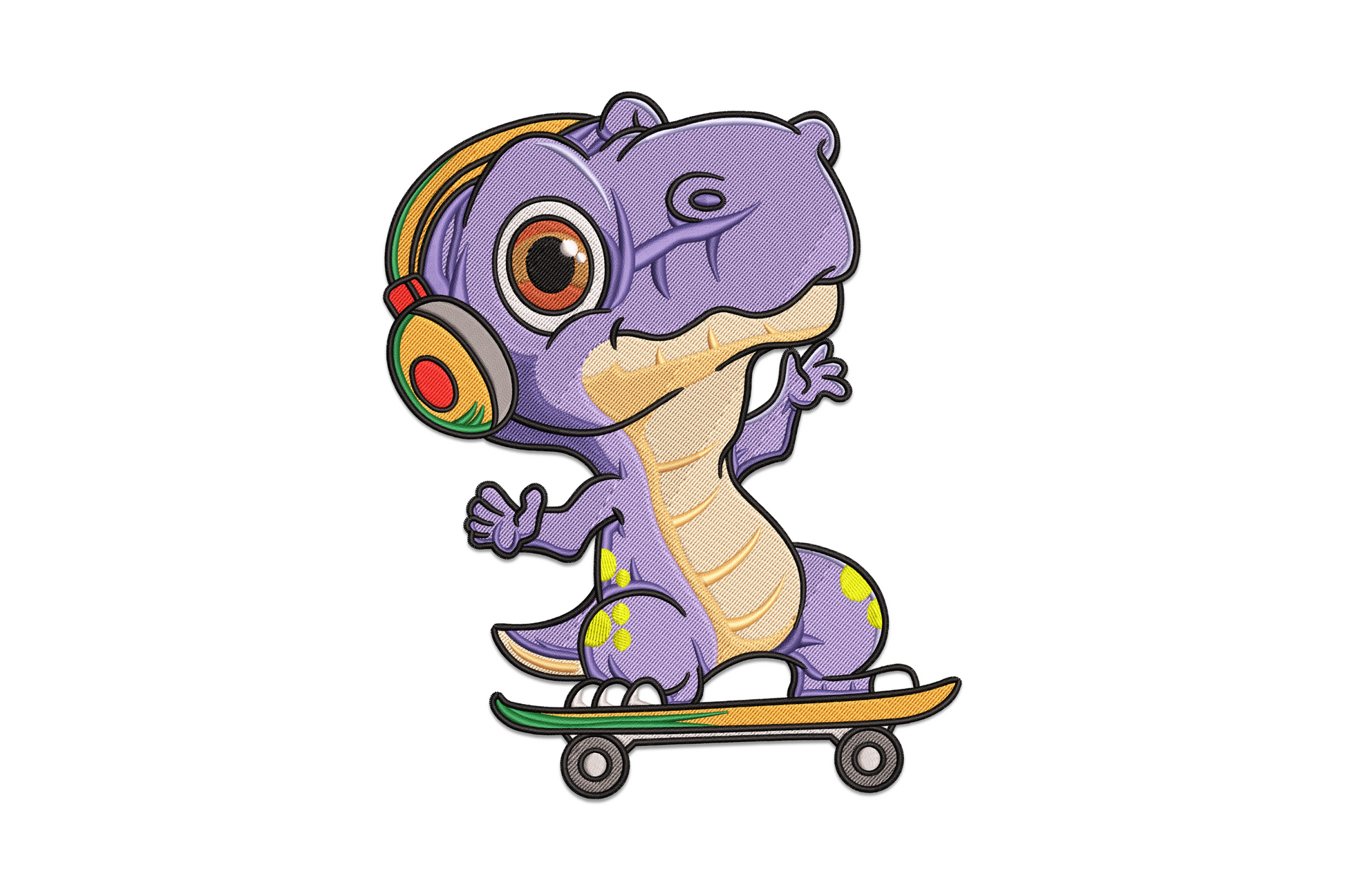 Cool dinosaur on a skateboard embroidery design, cartoon dino with 15 colours in bold kids character style