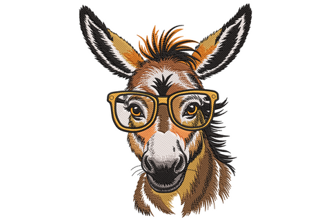 Cool donkey face embroidery with oversized orange square glasses, wide ears, detailed brown fur texture and crosshatch muzzle shading.