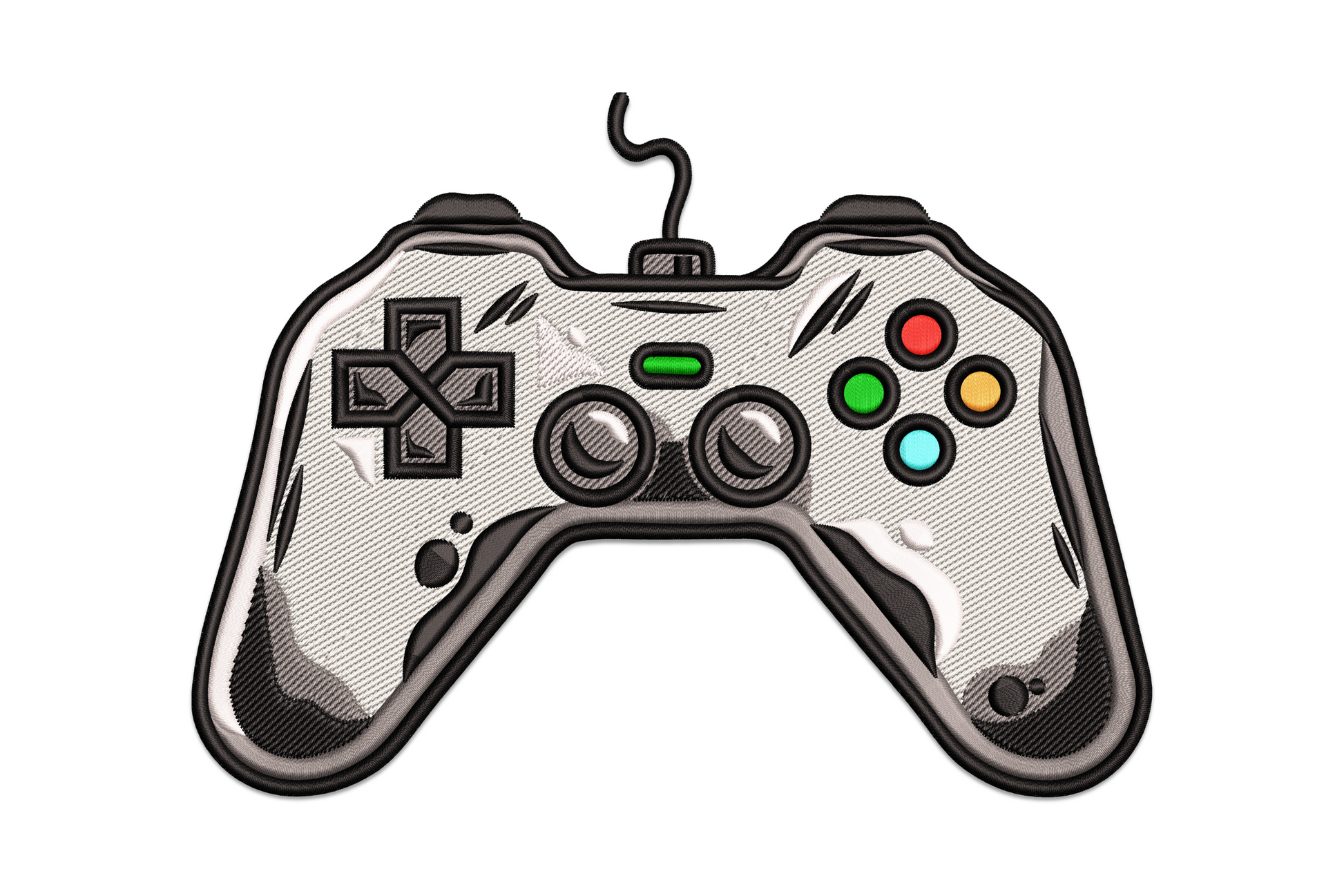 Cool gaming controller embroidery design, PS-style controller in grey satin with coloured buttons, machine embroidery.