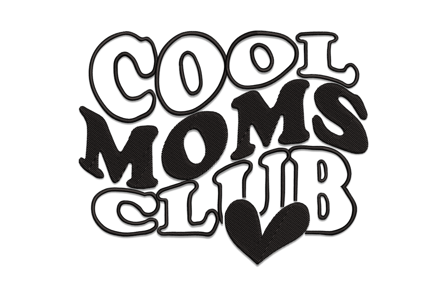 Cool Moms Club embroidery design with chunky stacked groovy bubble lettering in black, double-stroke shadow effect, and a small heart beneath the final letter.