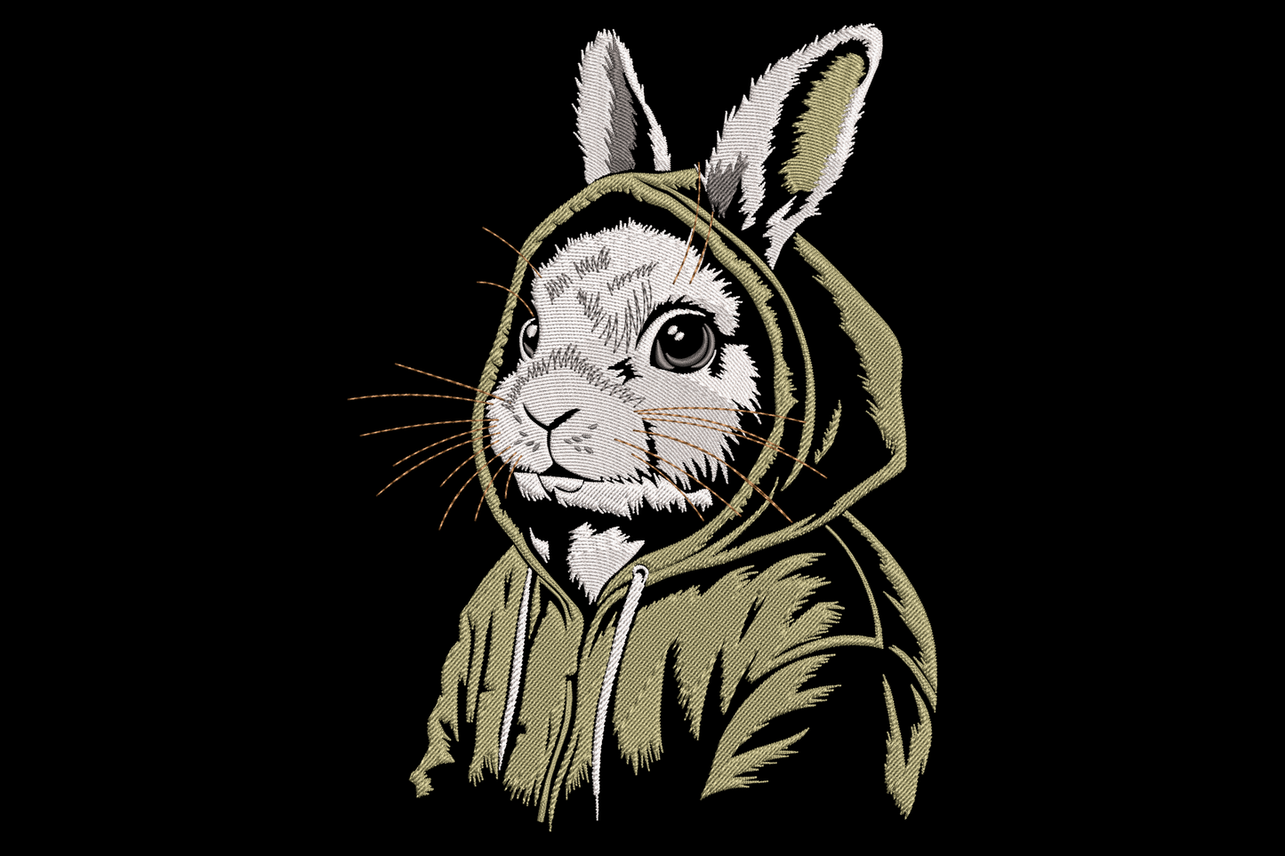 Cool rabbit hoodie machine embroidery design, hipster bunny in hoodie streetwear character with five colours on navy fabric