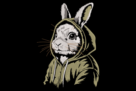 Cool rabbit hoodie machine embroidery design, hipster bunny in hoodie streetwear character with five colours on navy fabric