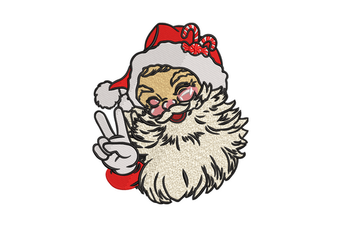 Santa claus face in sunglasses inside a peace sign circle, pop art style christmas embroidery design in 8 colours