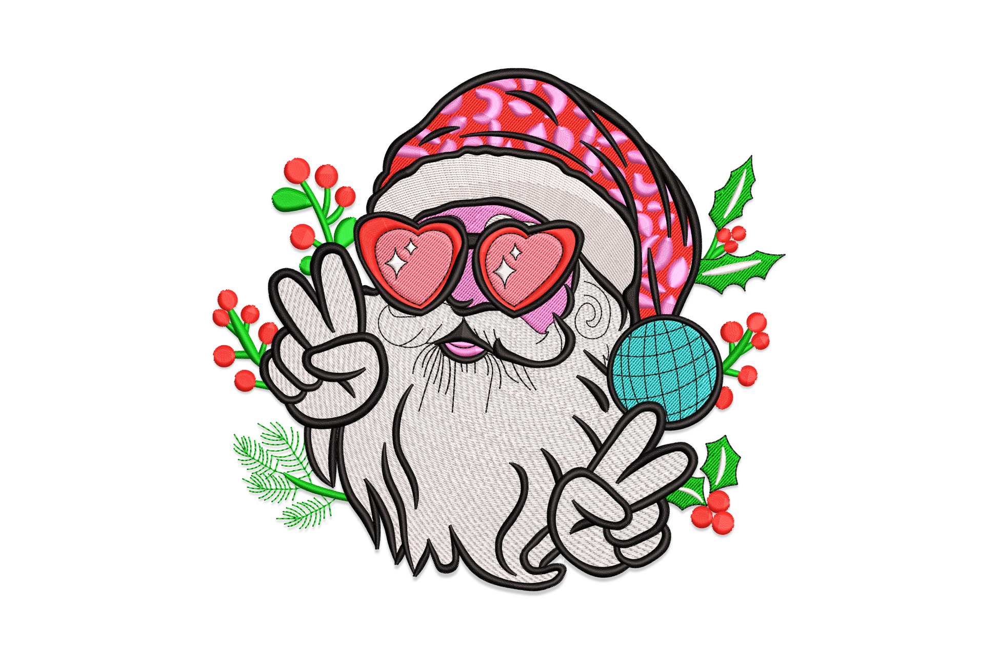 Cool Santa embroidery design with white beard, pink leopard hat, heart sunglasses, peace signs and a teal disco ball.