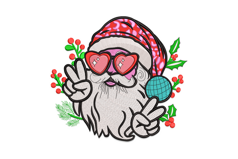 Cool Santa embroidery design with white beard, pink leopard hat, heart sunglasses, peace signs and a teal disco ball.
