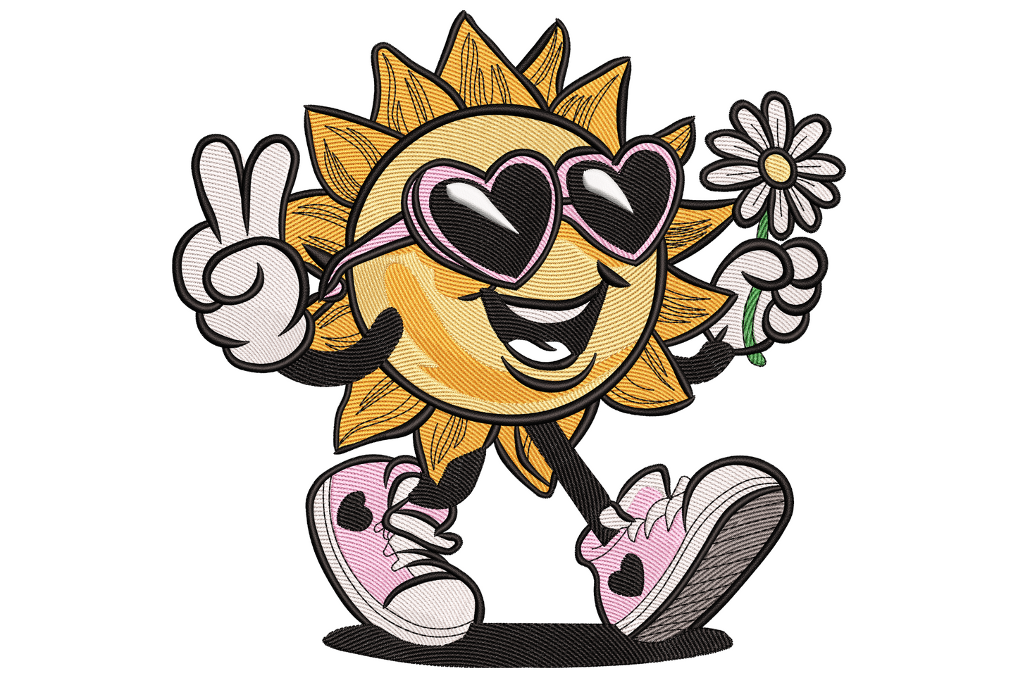 Embroidery design of cartoon sun with pink heart sunglasses peace sign hand white daisy and pink high top sneakers