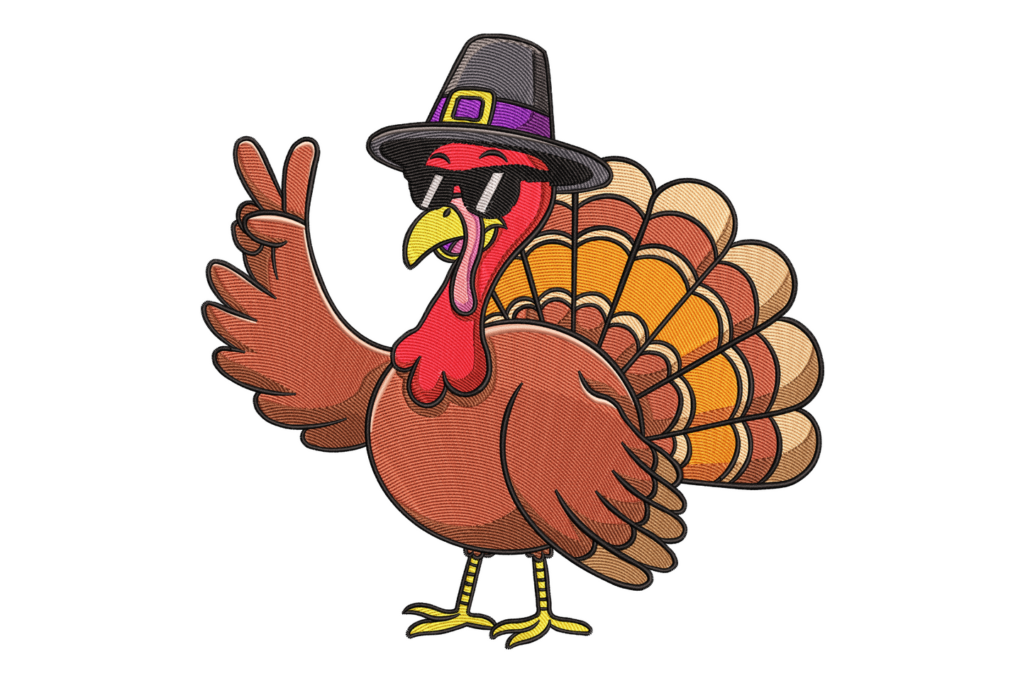 Cartoon turkey embroidery with pilgrim hat sunglasses and peace sign hand pose, fanned tail with orange brown beige feathers, sassy thanksgiving vibe