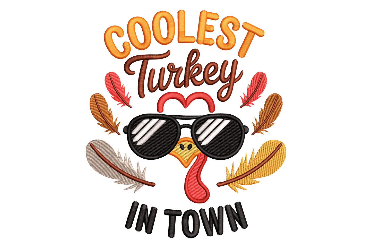 Funny cartoon turkey Thanksgiving machine embroidery design, puffed tail feathers in 10 autumn colours, confident character pose, 3.07 inches wide