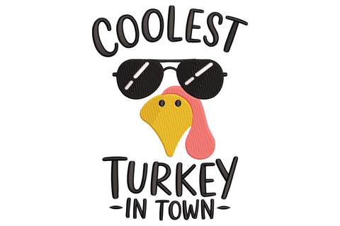 Cartoon swaggering turkey with fanned four-colour tail in brown orange and cream, confident pose, thick black outline, 2.53 inch wide machine embroidery design