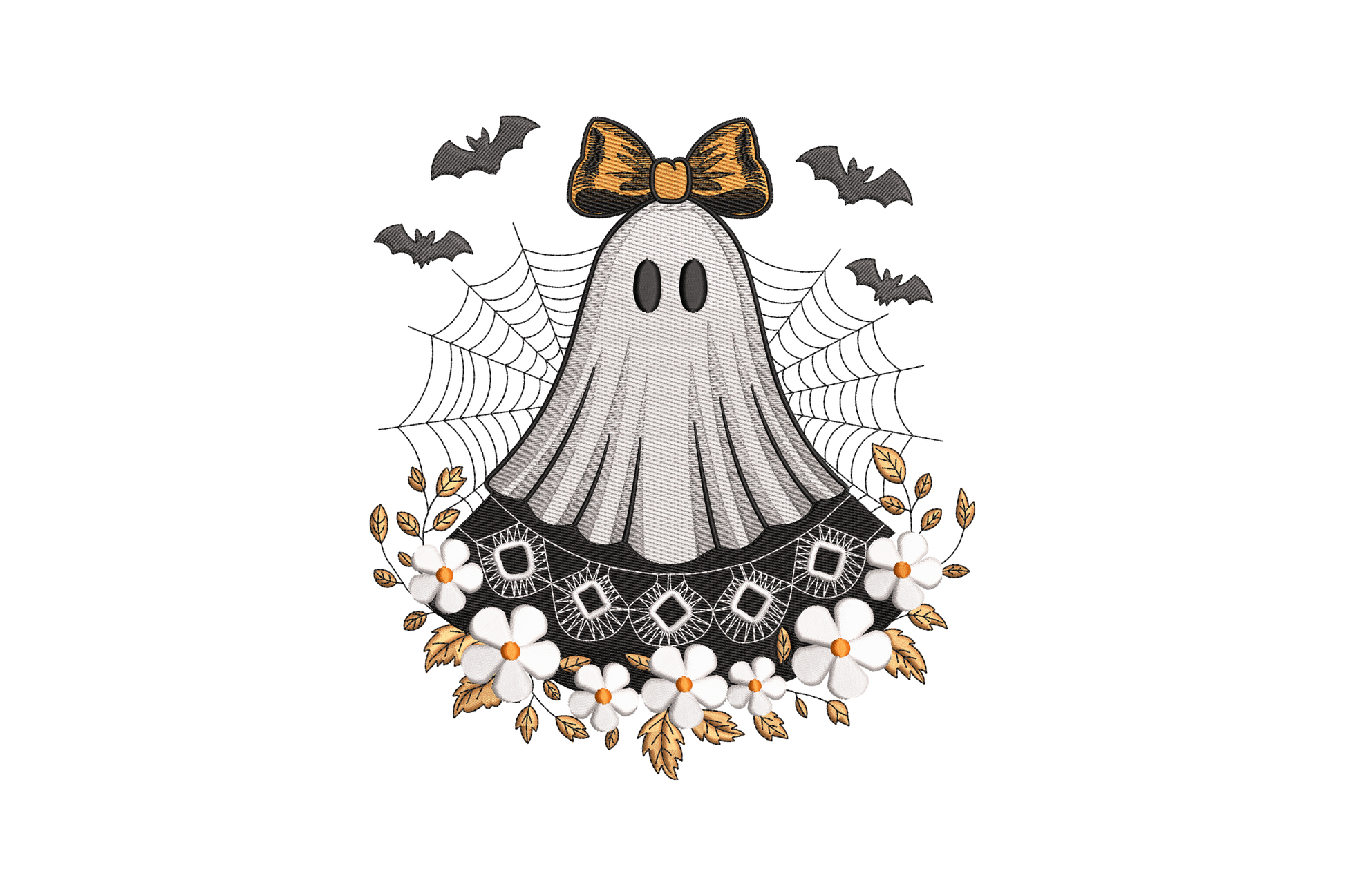 Decorative ghost with a bow tie surrounded by bats, flowers, and spider webs embroidery design