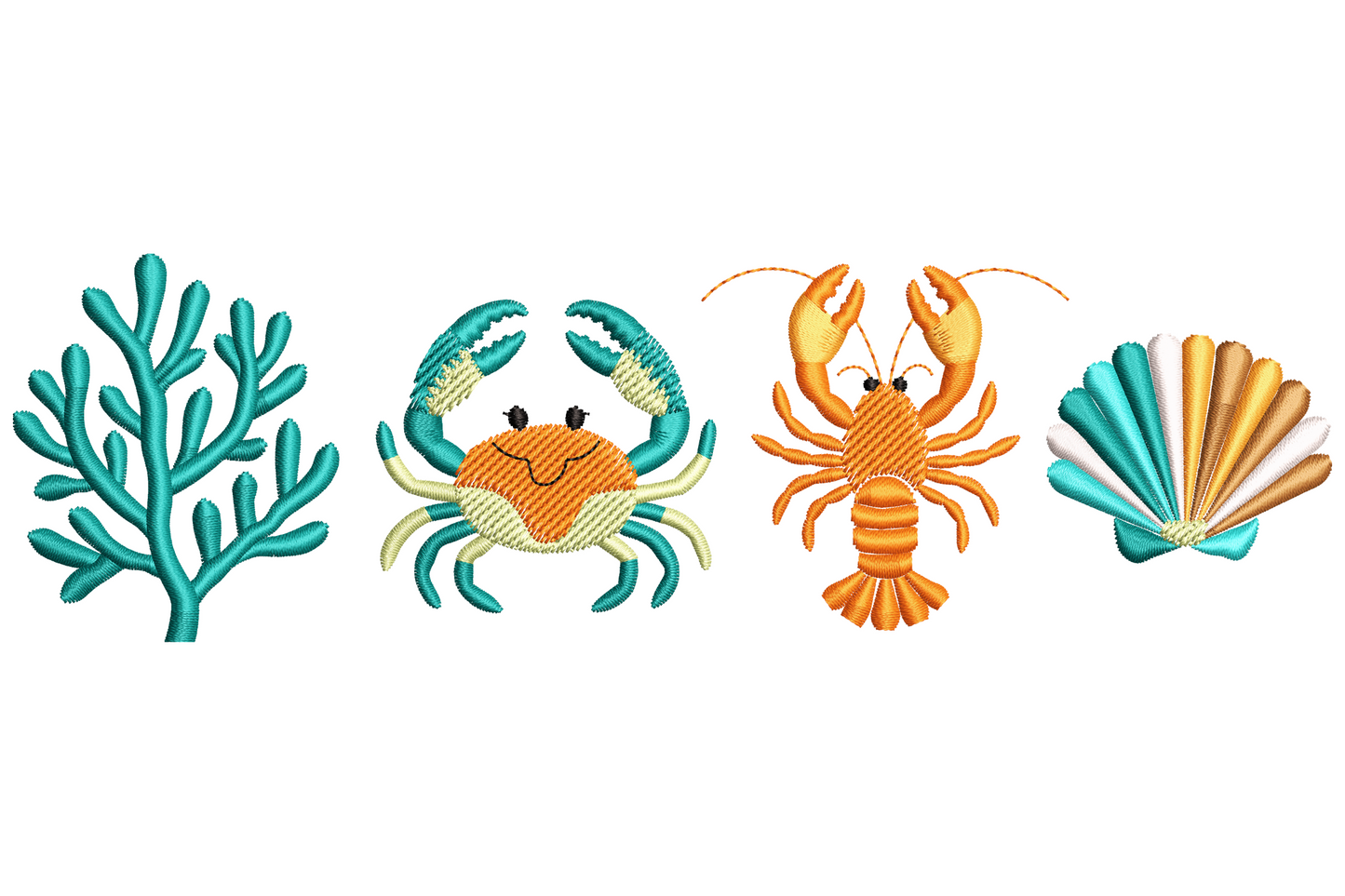 Embroidery design with turquoise coral branch teal crab orange lobster and aqua brown scallop shell in a horizontal row