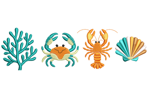 Embroidery design with turquoise coral branch teal crab orange lobster and aqua brown scallop shell in a horizontal row
